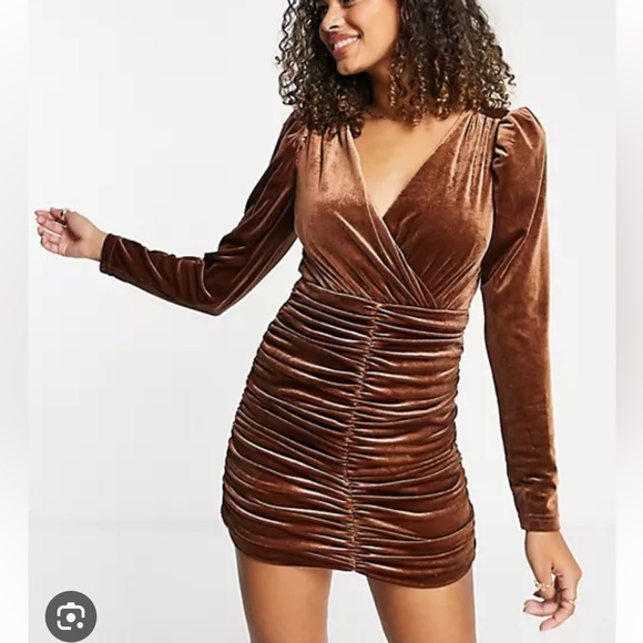 Collective the Label Velvet Ruched Mini Dress chocolate brown - Picture 1 of 8